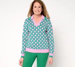 QVC Women's Clubhouse Geo Print Long-Sleeve Polo Sweater