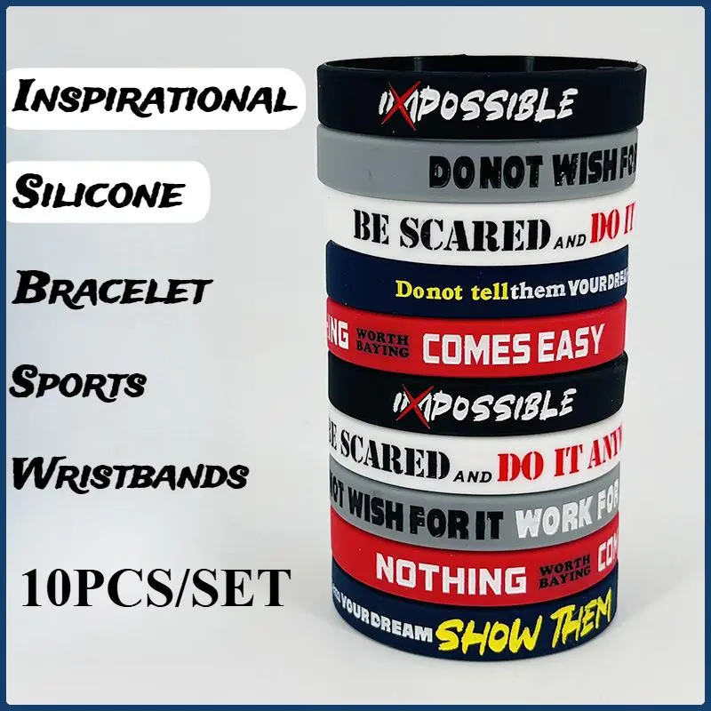 10-Pack Motivational Silicone Wristbands with Dreams-Focused, Optimistic Messages - Waterproof Athletic Bracelets for Men, Teens