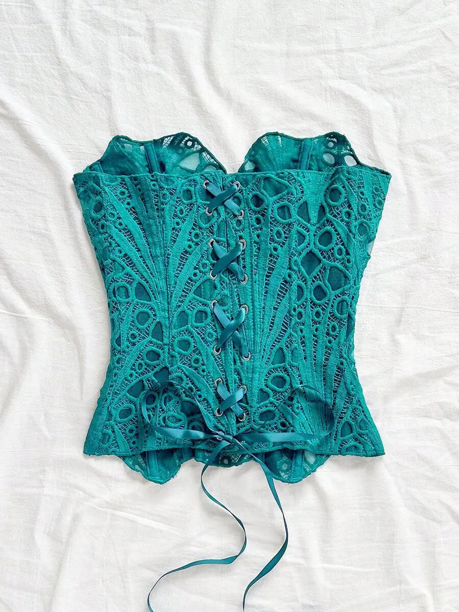 Women's Lace Corset Strapless Top | Teal Blue Hollow Out Embroidered Bustier | Sexy Avant Garde Party Outfit