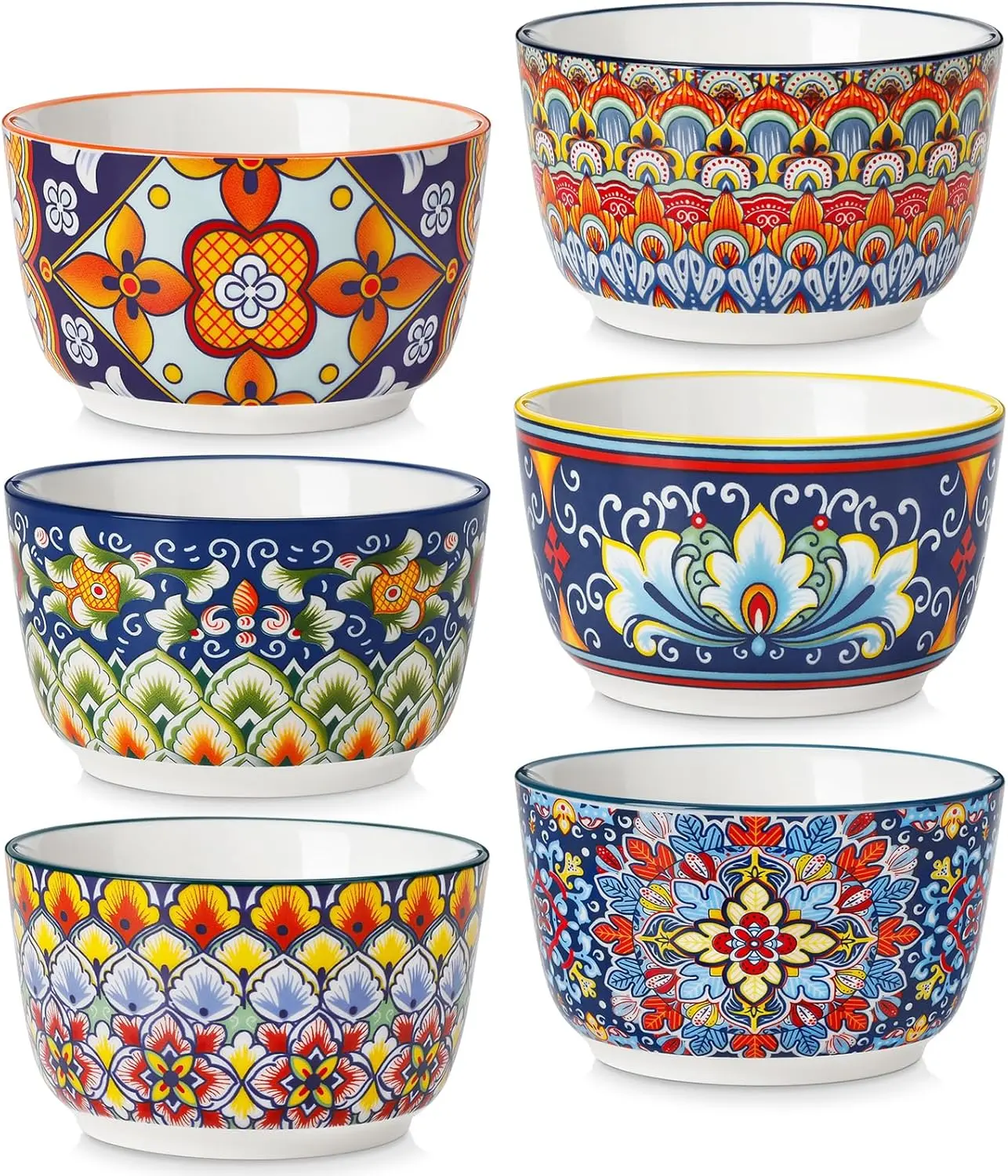8 Oz Ramekins Oven Safe Set of 6, Bohemian Creme Brulee Ramekins, Colorful Souffle Dishes, Pudding Custard Cups for Baking, Small Ceramic Bowls for Snacks, Ice Cream