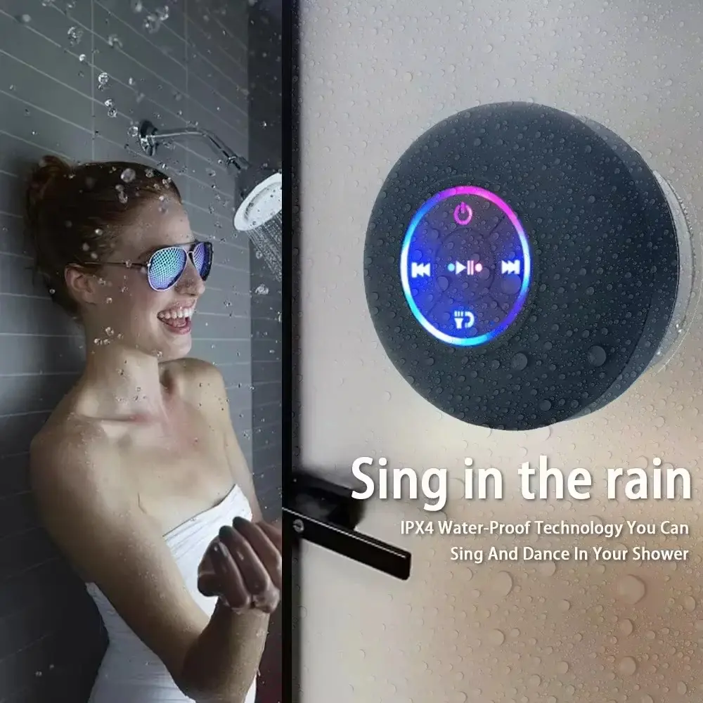 Shower singing must-have! IPX6 Waterproof Speaker: cool LED light show. USB rechargeable + hands-free calling, safe for bathroom!