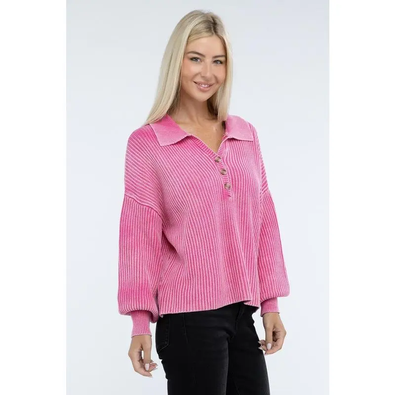 ZENANA Washed Collared Henley Sweater