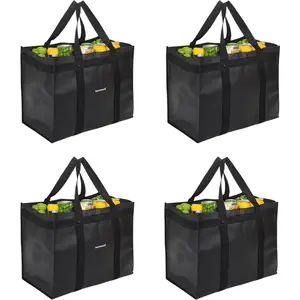 Heavy Duty  Grocery Bags, Large Collapsible Tote Bag Holds 100 LBS, Extra-Strength  Material (Black, 4-Pack)