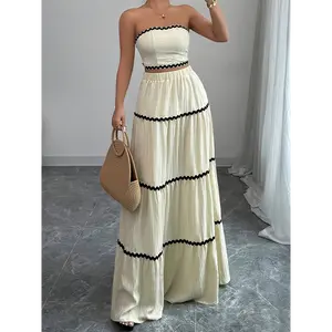 Women'S Elegant Off-Shoulder Strapless Maxi Skirt Set - Beige with Black Stripes, High-Waisted Flowy Skirt, Casual Polyester Blend, Perfect for Spring/Summer, Casual Attire|Strapless Top|Polyester Blend Womenswear Clothes
