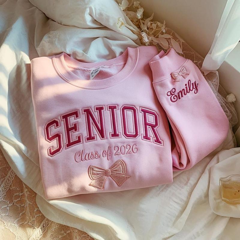 Senior Embroidered Sweatshirt Class of 2026 with Name, Custom Graduation Gift for Her, Personalized Bow Crewneck, Senior Girl Shirt