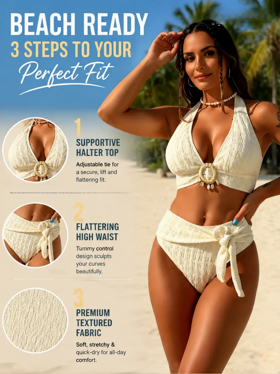 Women's Textured Halter Deep V-Neck Split 2-Piece Bikini Set, High-Rise Side-Tie Shell Ring Decor Swimsuit with Dangling Pendants, Quick-Dry Fabric, Slimming Beach Wear for Summer Vacations, Two Piece Set