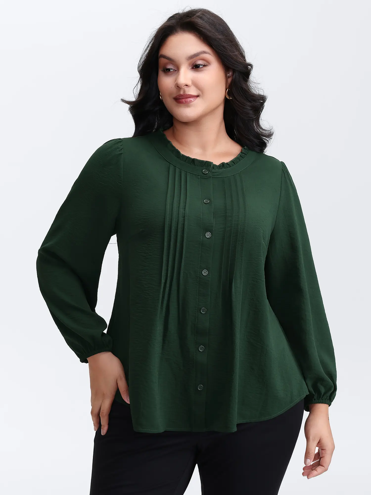 BloomChic Women's Plus Size Dark Green Frill Toothpick Pleat Flowy Solid Blouse - Long Lantern Sleeves, Stand-Up Collar, 100% Polyester Smooth Fabric Garment, Regular Fit Basic Lady Shirt, M-6X, 2026 Summer Fashion Find, Gifts for Women