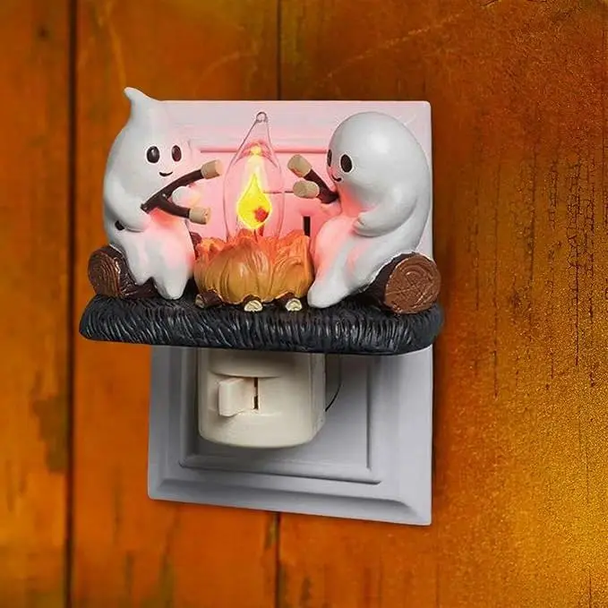 Ghost Campfire Night Light, Plug-in Wall Flickering Flame Nightlight, Halloween 3D Cute Spooky Marshmallow Ghost Decoration for Bedroom, Spooky Season Home Halloween Decor for Kids Adults