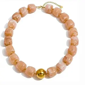 Colorful Beaded Choker Necklace for Women: Boho Large Square Acrylic Beaded Necklace Stainless Steel Adjustable Surfer Beach Strand Necklces Summer Bohemian Handmade Jewelry Gift for Women