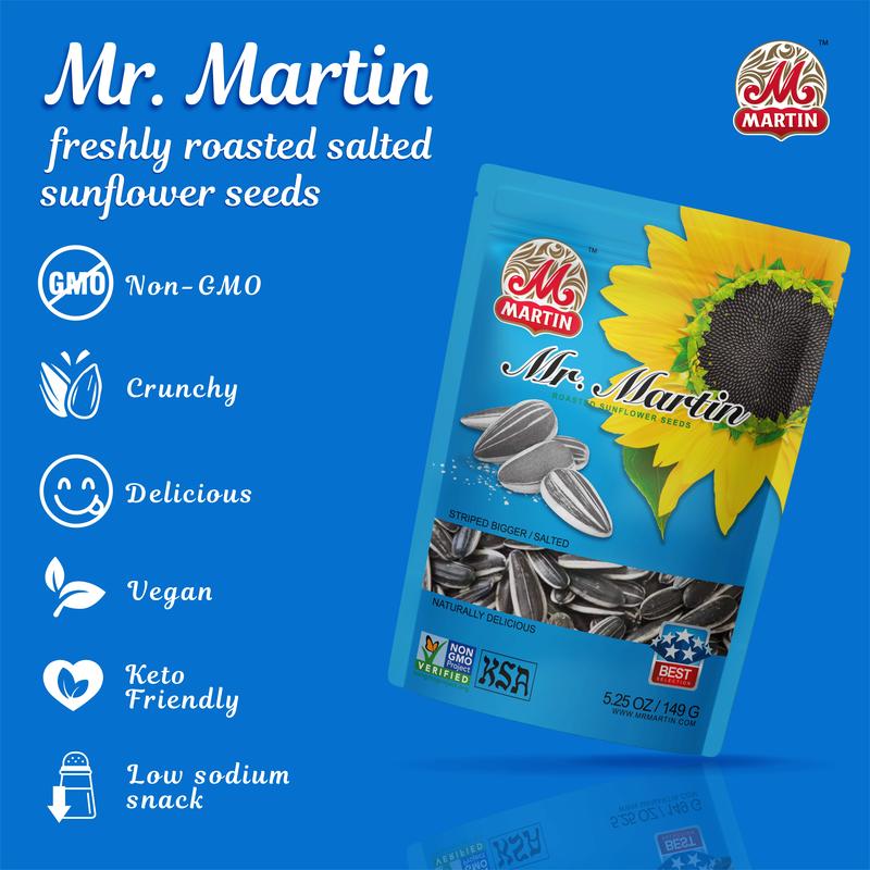 MR. MARTIN Freshly Roasted Salted Sunflower Seeds – Non-GMO, Crunchy, Delicious, Vegan, Eco Friendly, Low Sodium Snack, Pack  of 6