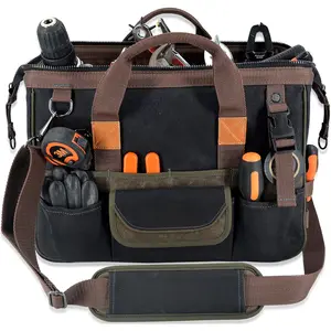 32-Pockets Waxed Canvas tool bag, Heavy-Duty Electrician tools bag, HVAC tool bags, Tool bag organizer, 16" Tools bag carrier for men, Tool bags for electricians