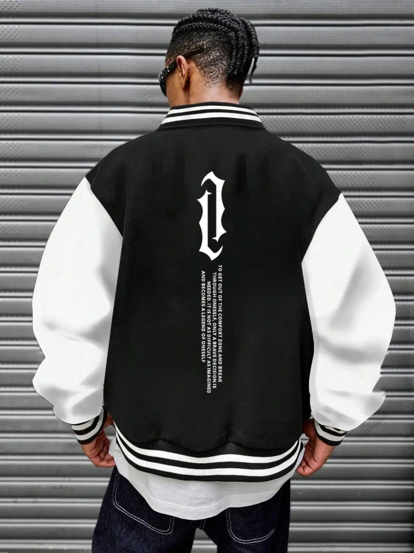 Men's Colorblock Letter & Geometric Print Drop Shoulder Varsity Jacket, Regular Fit Casual Long Sleeve Button Front Outerwear for Fall & Winter, Men's Clothes for Daily Wear