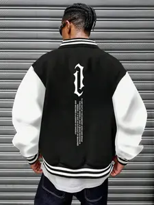 Men's Colorblock Letter & Geometric Print Drop Shoulder Varsity Jacket, Regular Fit Casual Long Sleeve Button Front Outerwear for Fall & Winter, Men's Clothes for Daily Wear