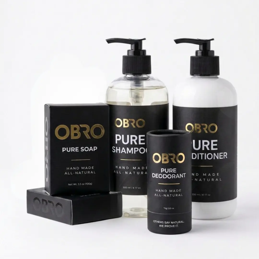 OBRO Everyday Essentials Bundle | Large 500mL Natural Shampoo & Conditioner + Aluminum-Free Natural Deodorant + 3 Natural Soap Bars