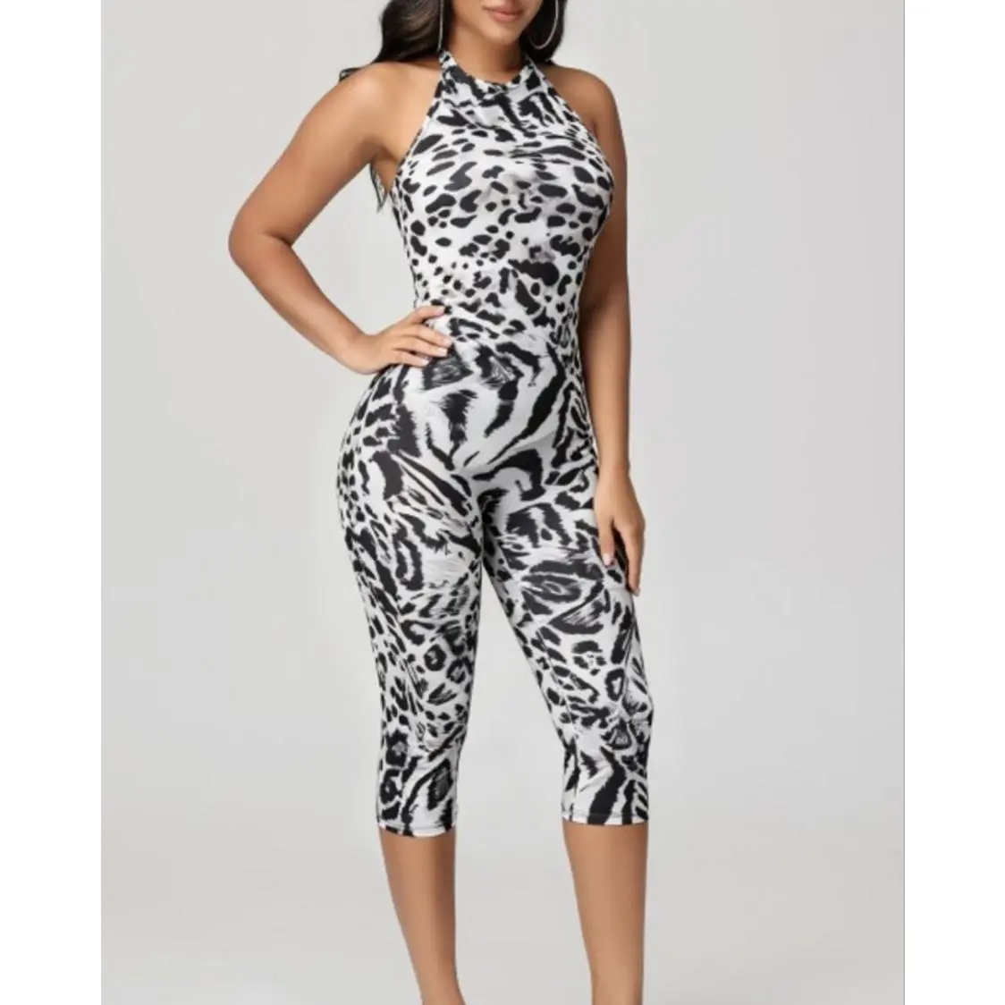 White Cheetah Print Capri Romper