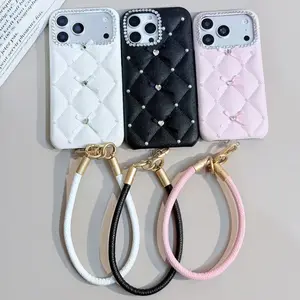 White/Black/Pink Bowknot Quilted Case For iPhone14/15/16 Series | Leather Quilt + Bowknot Diamond Decor | Shockproof Scratch-Resistant + Leather Wrist Strap | Daily Commute Sweet-Cool Light Luxury Aesthetic Girl Style
