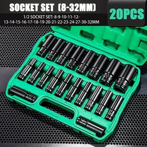 11/20pcs Heavy-Duty 1/2" Drive Deep Metric Impact Socket Set, Durable Steel Construction for Tire Removal, Pneumatic Tool Compatible, 8mm to 32mm Tool box packaging, Work Tools, Car Tools