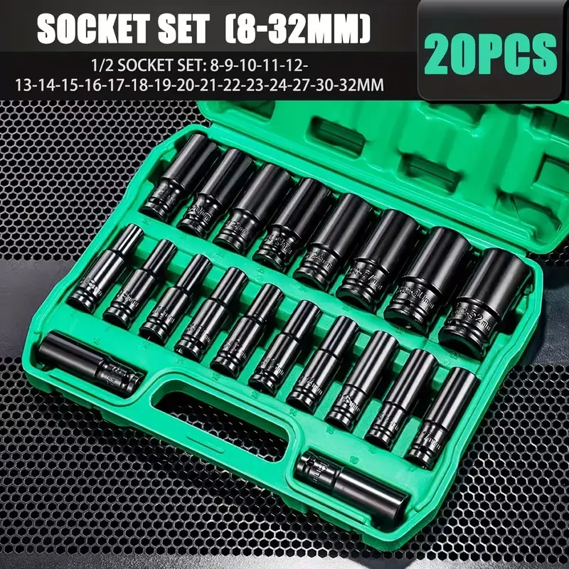 11/20pcs Heavy-Duty 1/2" Multifunctional Metric Socket Wrench Set, Durable Steel Build, Pneumatic Tool Compatible, 8mm-32mm Sockets, Tool Box Packaged for Tire Removal, Car & Work Essentials, Socket Wrench Set Metric