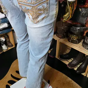 El General Men's Embroidered Jeans - Light Blue Denim with Gold Embroidery for Stylish Western Wear