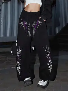 Women's Gothic Dark Geometric Pattern Straight Leg Pants, Casual Fitted Drawstring Long Pants, Casual Comfy Pocket, All Seasons Fashion