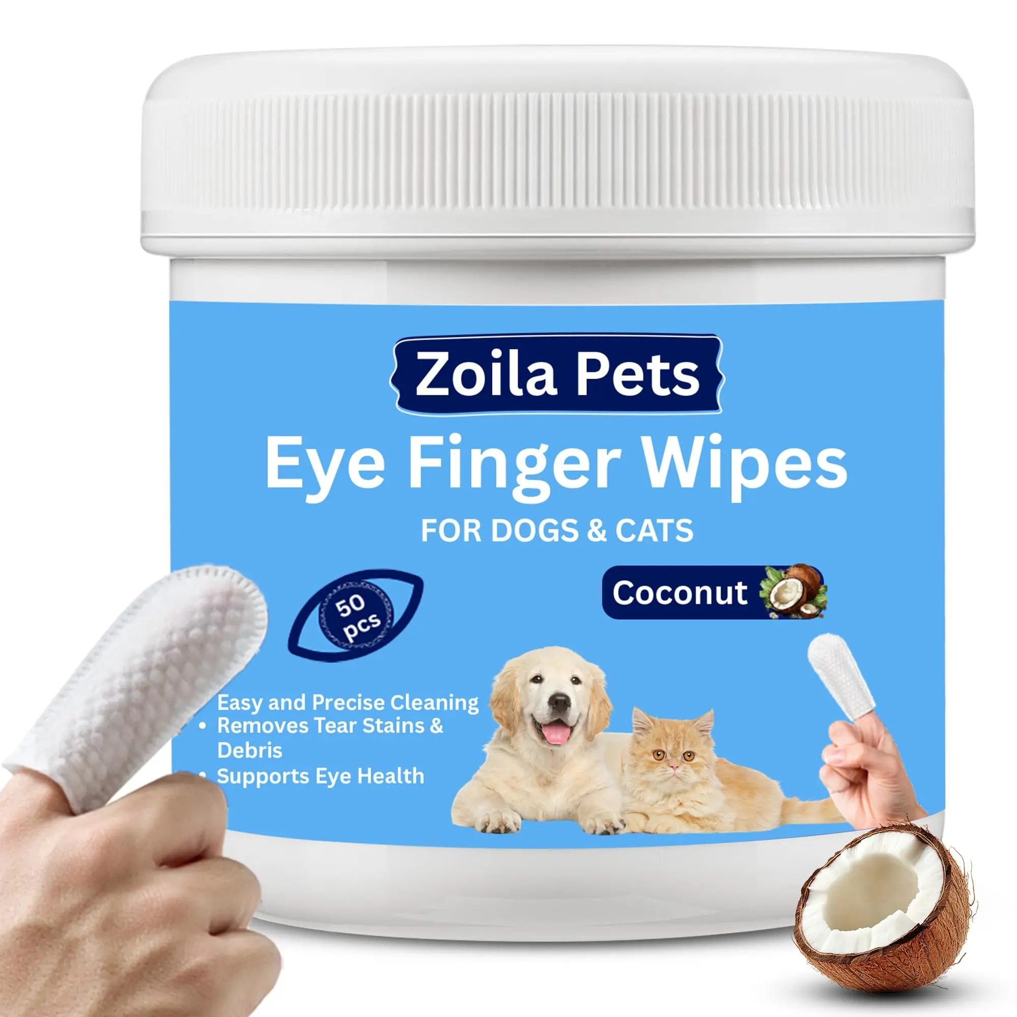Zoila Pets Eye Finger Wipes for Dogs & Cats | Coconut Tear Stain Remover Pads | Gentle Eye Cleaning, Debris & Stain Care | 50 Pcs Pet Eye Care Wipes