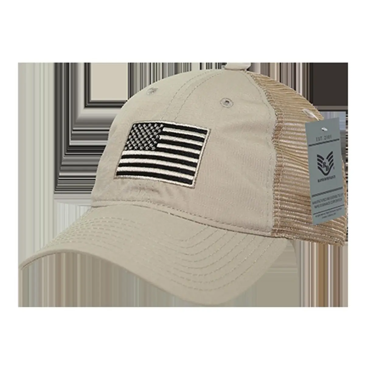 212 MAIN Unisex Trucker Cap - Khaki, 1 Size, Snap Closure, Casual Cotton Ripstop Fabric, Relaxed Fit, USA Flag Embroidery, Trucker Style