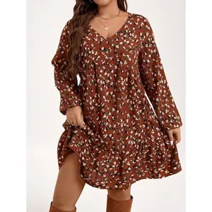 Plus Fall Outfits Ditsy Print Lantern Sleeve Ruffle Hem Smock Dress For Fall Fall Women Clothes Fall Wedding Guest Dress Thanksgiving Casual Fabric