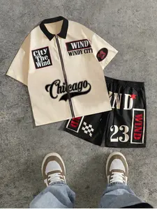 Chicago Style Colorblock Short Sleeve Shirt Shorts Set, Breathable Fabric, Zipper Collar, Windy City Print, Loose Fit, Streetwear