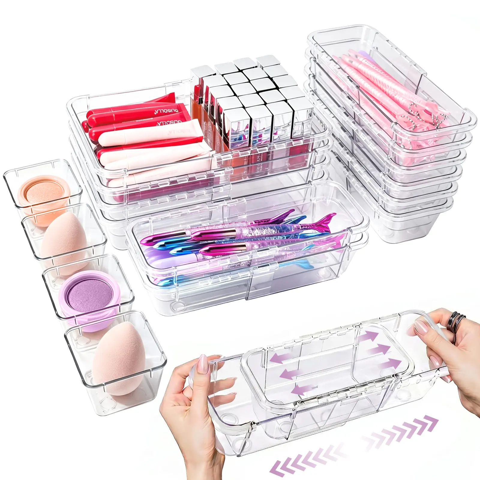 16 Pcs Adjustable Drawer Organizer, Clear Drawer Organizer Expendable | 2-Size Desk Drawer Organizer, Acrylic Storage Bins for Makeup, Cosmetic, Kitchen Utensils, Bedroom Dressers, Tool Organizer