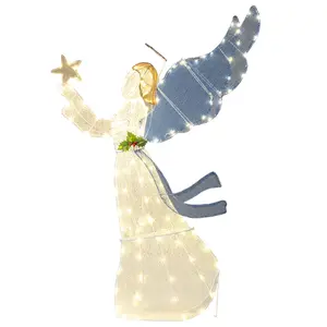 COSTWAY - 5 Feet Lighted Angel Christmas Decoration with Wings and Warm LED Lights