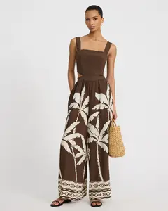 Express Printed Square Neck Side Cutout Wide Leg Jumpsuit with Pockets