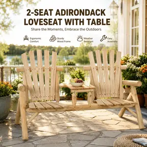 Outsunny 2 Seat Wooden Adirondack Chair Set Patio Bench with Center Connect Table Outdoor Loveseat Fire Pit Chairs for Front Porch Backyard Deck Garden Premium Natural Wood Balcony Furniture Outside Seating