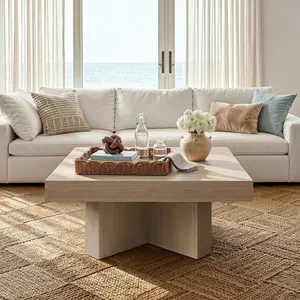 ModernMate 33.4 In Square Coffee Table for Living Room - White Oak Gray Indoor Wood Center Table with Large Tabletop, Wooden Pedestal Base, Easy Assembly for Apartments