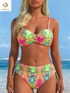 【EasDoing】2 Pieces Neon Color Print Bandeau Bikini Set Underwire Support Top Side Drawstring High Waisted Bottom Bathing Suits for Women