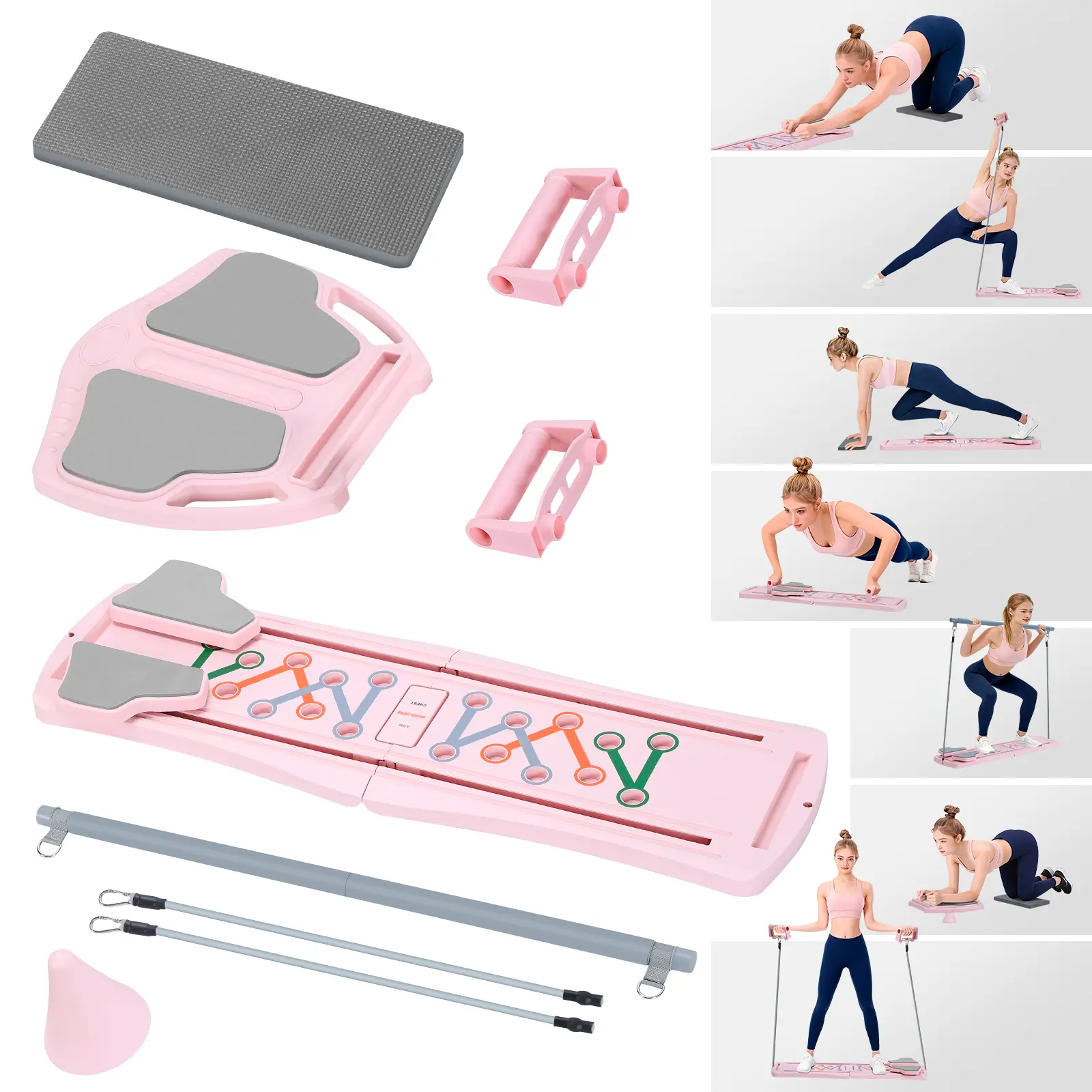 Portable Pink 1-In-1 Foldable Push-Up Board with Resistance Bars, Full Body Core Strength Training Fitness Equipment for Home Gym Use