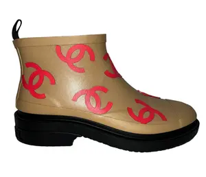 Chanel 23A Beige Pink All Over Logo Rubber CC Low Top Short Ankle Rain Boots