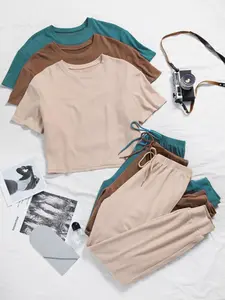 Women's Solid Round Neck Tee & Tie Front Elastic Waist Pants Loungewear Set, Casual Comfy Short Sleeve T-Shirt & Trousers PJ Set, Ladies Summer Sleepwear