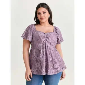 BloomChic Women's Plus Size Fitted Floral Lace Ruched Fit-and-Flare Short-Sleeve Nylon Lady Garment Blouse [M-6X] - 2026 Summer Pick for Mother's Day