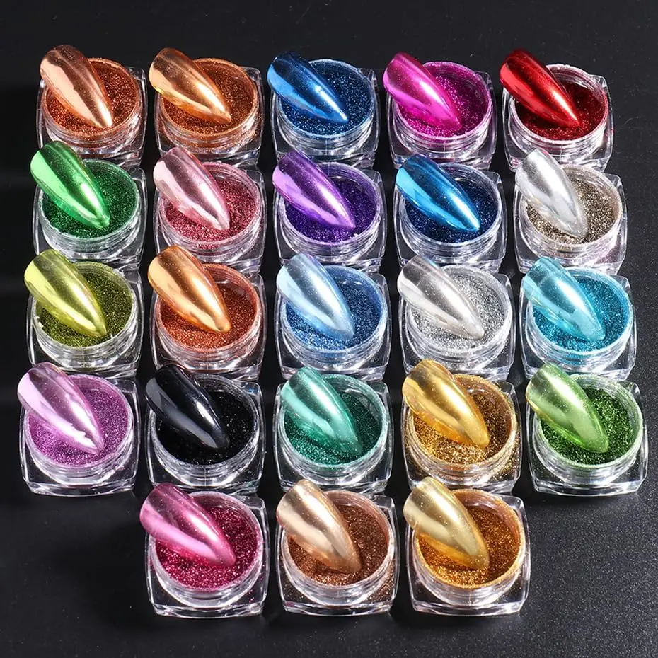 23 Pcs Metallic Mirror Chrome Nail Powder Kit - Gold Silver Glitter Pigments for UV Gel Nail Art Application 23 Pcs Metallic Mirror Chrome Nail Powder Kit - Gold Silver Glitter Pigments for UV Gel Nail Art Application