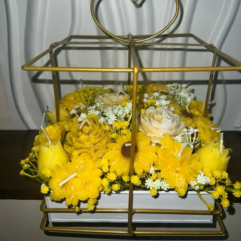 Flowers Candles Basket Decoration - Scented Soy Wax Blend in Gold Iron Basket with Yellow & White Flowers Perfect Gift or Home Decor smelling