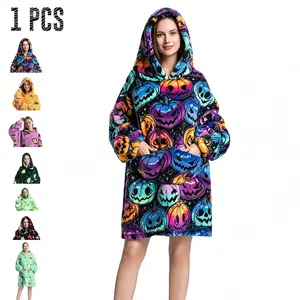 Fruit & Veggie Print Wearable Hooded Blanket, Oversized Flannel Throw with Pocket, Cozy Fleece Loungewear for Adults, Multi-Pattern Options