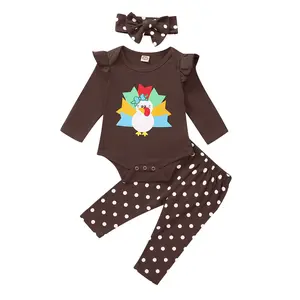 Newborn Infant Baby Girl Halloween/Thanksgiving Outfit Turkey/Pumpkin Print Long Sleeve Ruffle Romper Polka Dot Long Pants Set Headband Cute Clothes