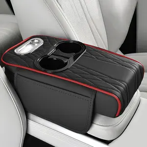 Center Console Armrest Pillow, 13.78"x7.48"x2.56" Leather Arm Rest Cover for , Memory  Auto Armrest Cushion Pad with Pocket, Cup Holder & Tissue Box,  Accessories (Black+Red)