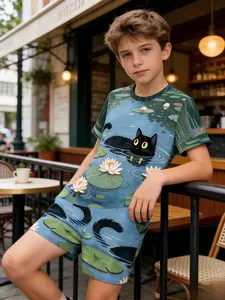 Boys' Lotus Cat Print Track Shorts, Art Oil Painting Style, Casual Summer, All over Print, Suitable for Parties and School