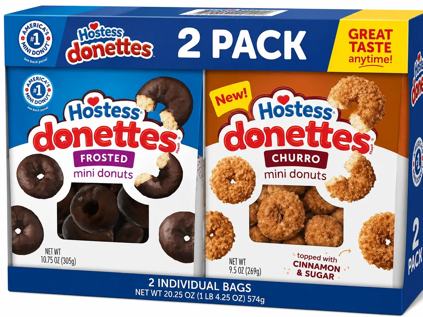 Hostess Donettes Mini Donuts Variety Pack, 2 Count – Frosted Mini Donuts 10.75 oz & Churro Mini Donuts 9.5 oz