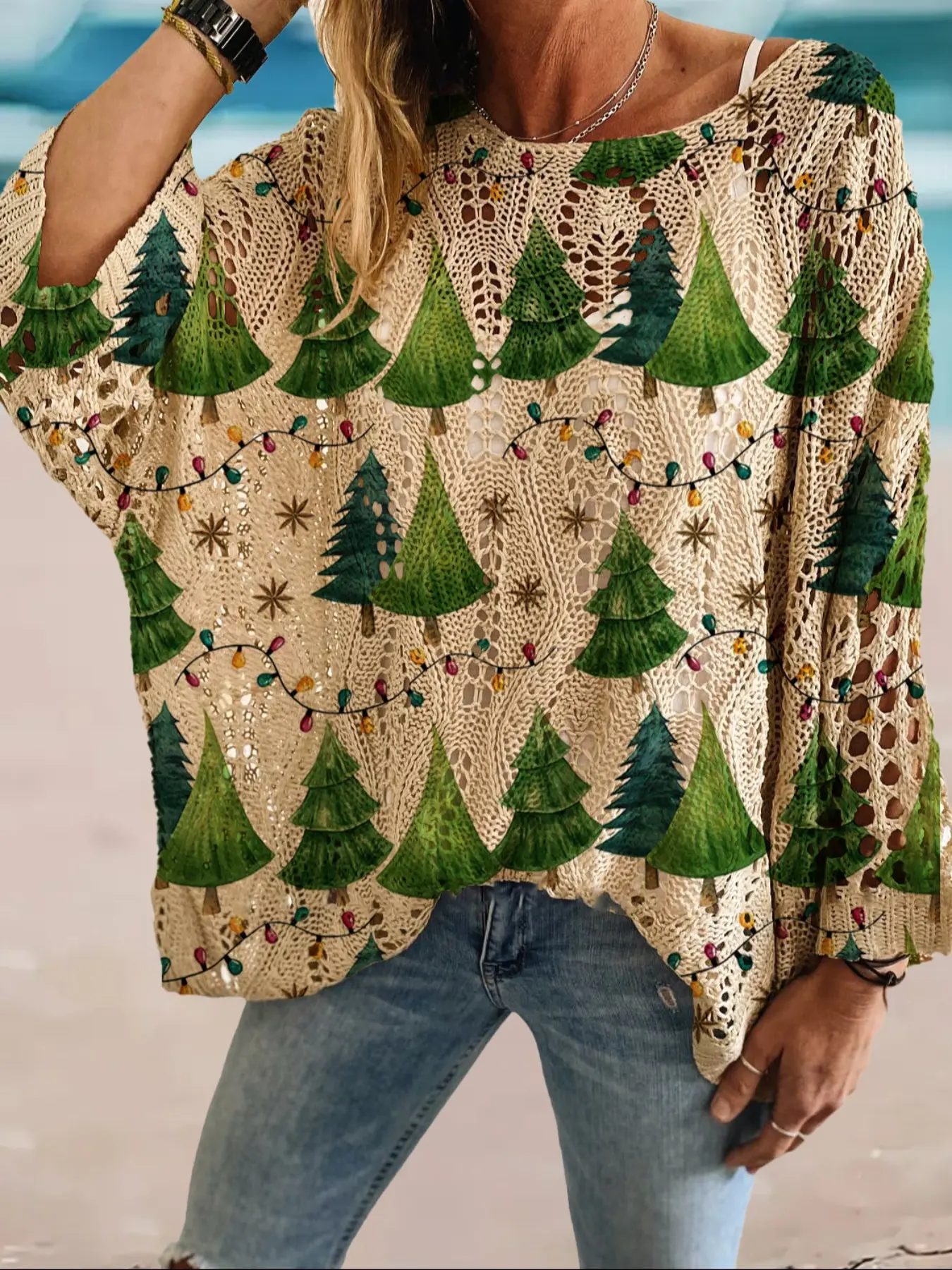 Women's Christmas Light Plant Print Long Sleeve Knit Top, Casual Elegant Holiday Style Sweater, Loose Batwing Shoulders, Fall & Winter Fashion Clothes