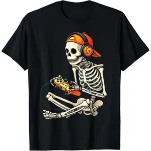 Halloween Skeleton Gamer Video Gaming Boys Men Kids Tees T-Shirt made in usa good graphic tees