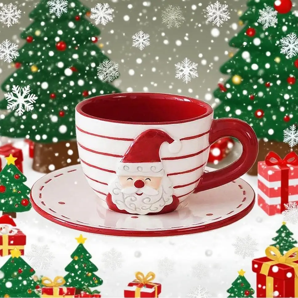 Ceramic Santa Claus Cup Set with Saucer, Nordic Embossed Design, Perfect for Christmas, Halloween, Thanksgiving, Home Decor