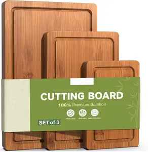 3-Piece Set Bamboo Cutting Board for Kitchen Crack-Resistant Wood Chopping Boards with Deep Juice Grooves Pre-Oiled Butcher Block for Meat Vegetables Cheese Carbonized Wooden Knives