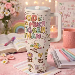 1pc 40oz Christian Faith Tumbler With Handle And Lid, Vacuum Insulated Flask, "God Is So Much Bigger Than Your Mistakes Fears Past Regrets" Stainless Steel Insulated Travel Mug, Keeps Cold 12H Hot 6H, Gift For Women Mom Friends